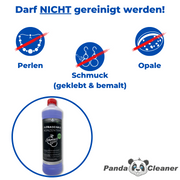 PandaCleaner Schmuckreiniger Grafik. Es dürfen keine Perlen, kein Schmuck (geklebt & bemalt) und Opale gereinigt werden.