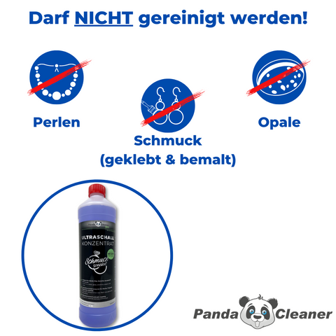 PandaCleaner Schmuckreiniger Grafik. Es dürfen keine Perlen, kein Schmuck (geklebt & bemalt) und Opale gereinigt werden.