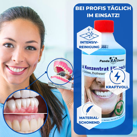 PandaCleaner Dental Konzentrat Ultraschallreiniger - Entfernung von Belägen & Verfärbungen - Für Gebisse, Prothesen, Zahnersatz - Div. Größen