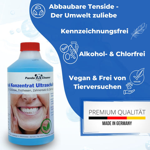 PandaCleaner Dental Konzentrat Ultraschallreiniger - Entfernung von Belägen & Verfärbungen - Für Gebisse, Prothesen, Zahnersatz - Div. Größen