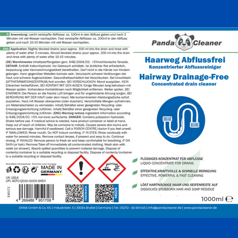 PandaCleaner Haar-Weg Abflussfrei Reiniger - Rohrreiniger 1000ml & 2000ml