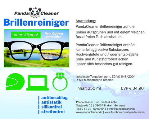 PandaCleaner®  Brillenreiniger Nachfüll-Set - 2 x 250ml Nachfüllflaschen.